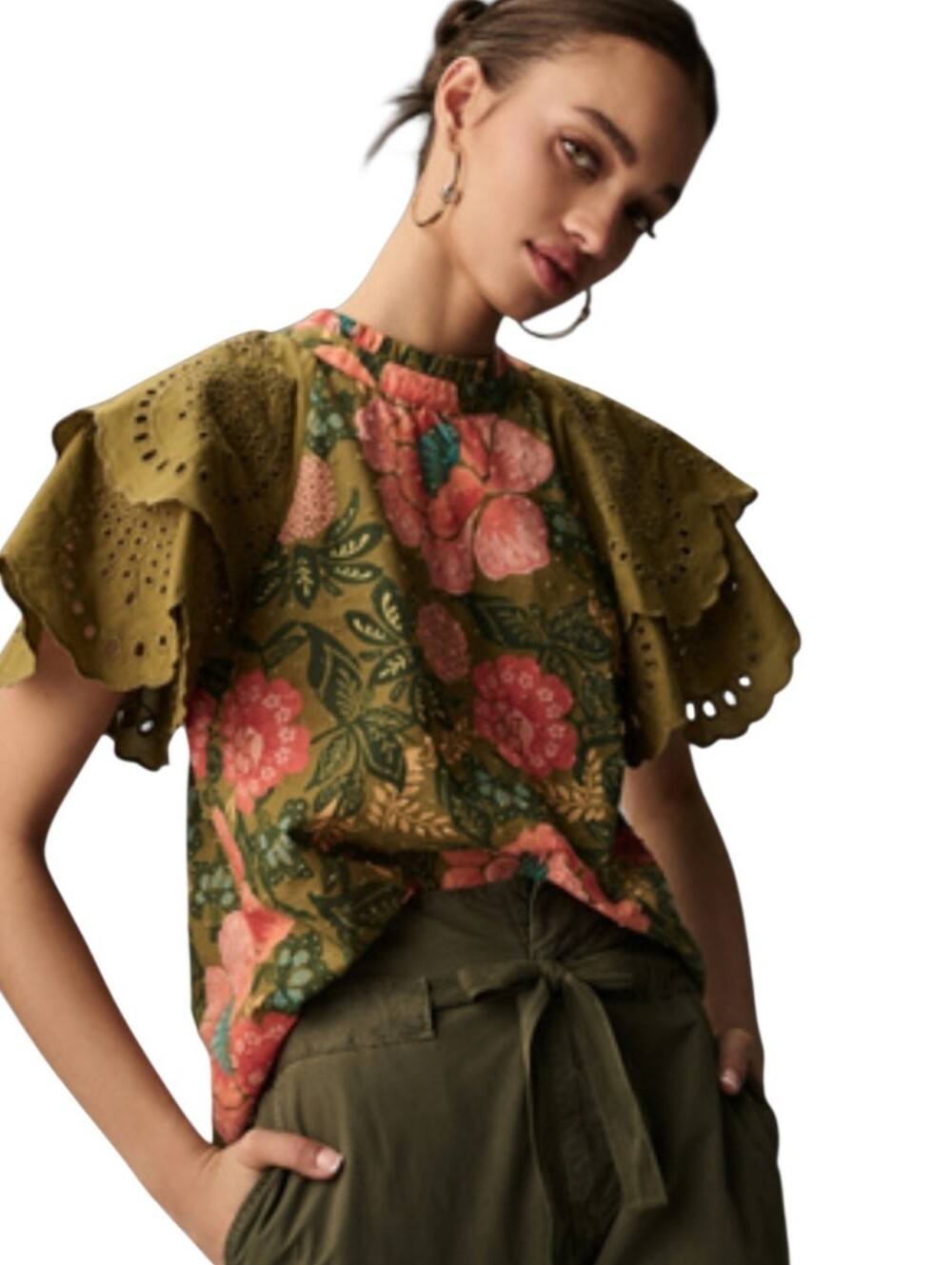 Anthropologie Farm Rio Olive Green & Peach Eyelet Floral Top Size Small - Picture 2 of 6